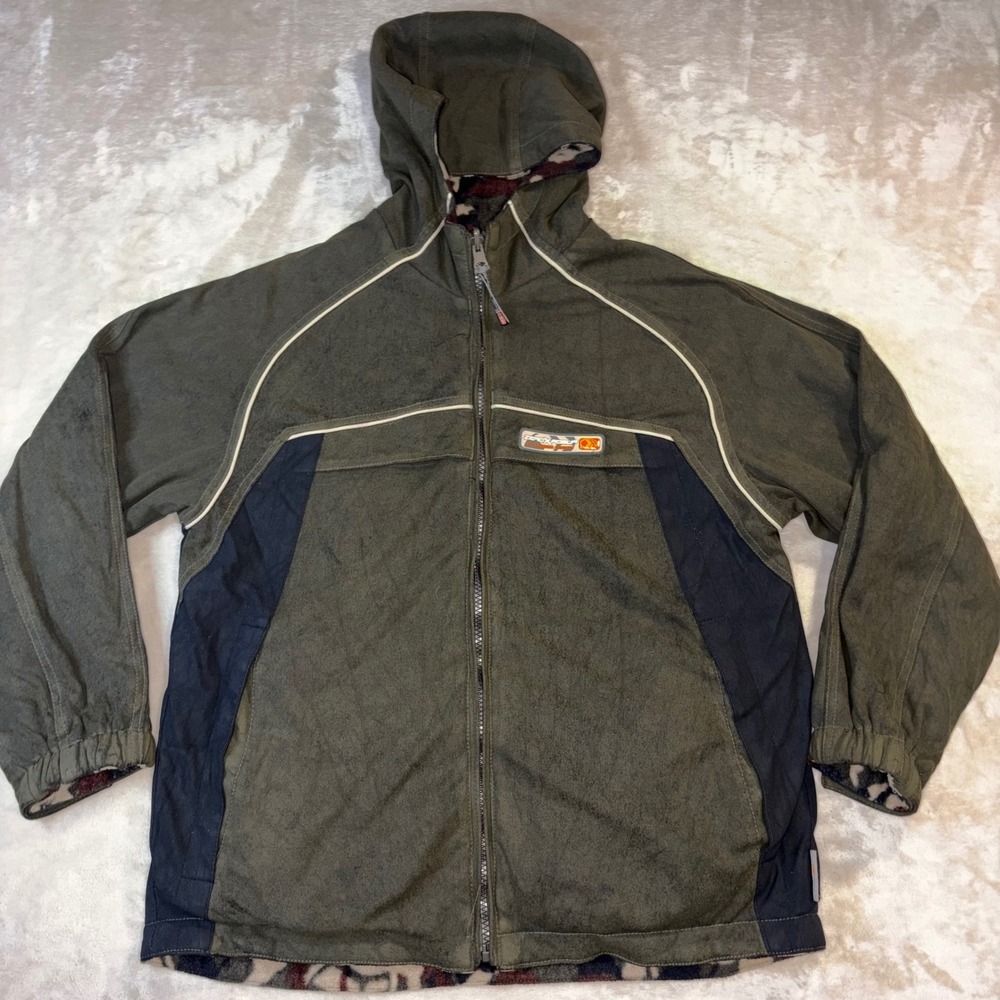 ZeroXposur Kids Reversible Hooded Jacket Olive Green Camo Fleece Size M 10/12